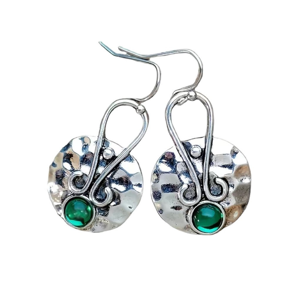 Antique Silver Hammered Drop Style Earrings with Emerald Green Accent Stone